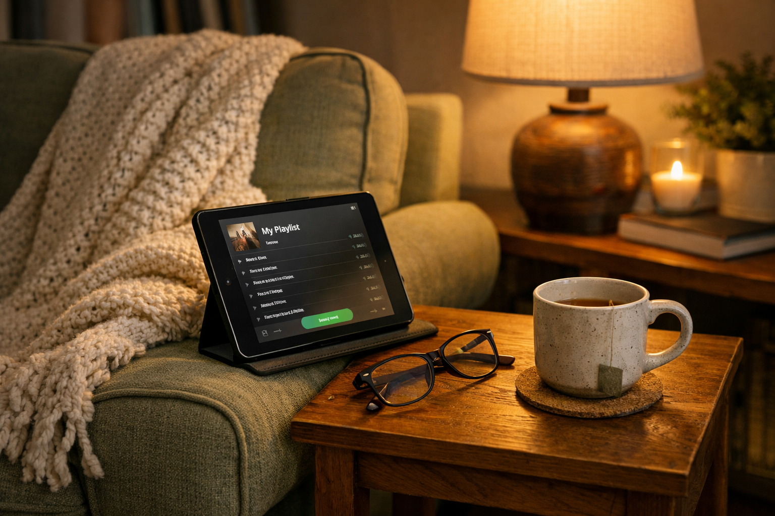 Armchair with tablet showing a music playlist, reading glasses and tea mug on a side table in warm evening lamplight.