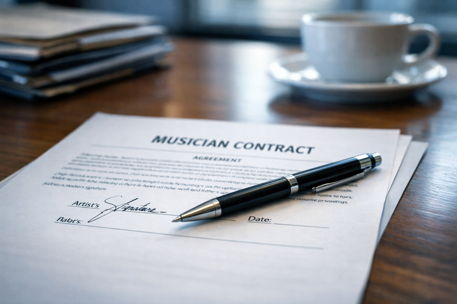 Signed music contract on a conference table with a pen resting on top, folders and coffee cup softly blurred behind.