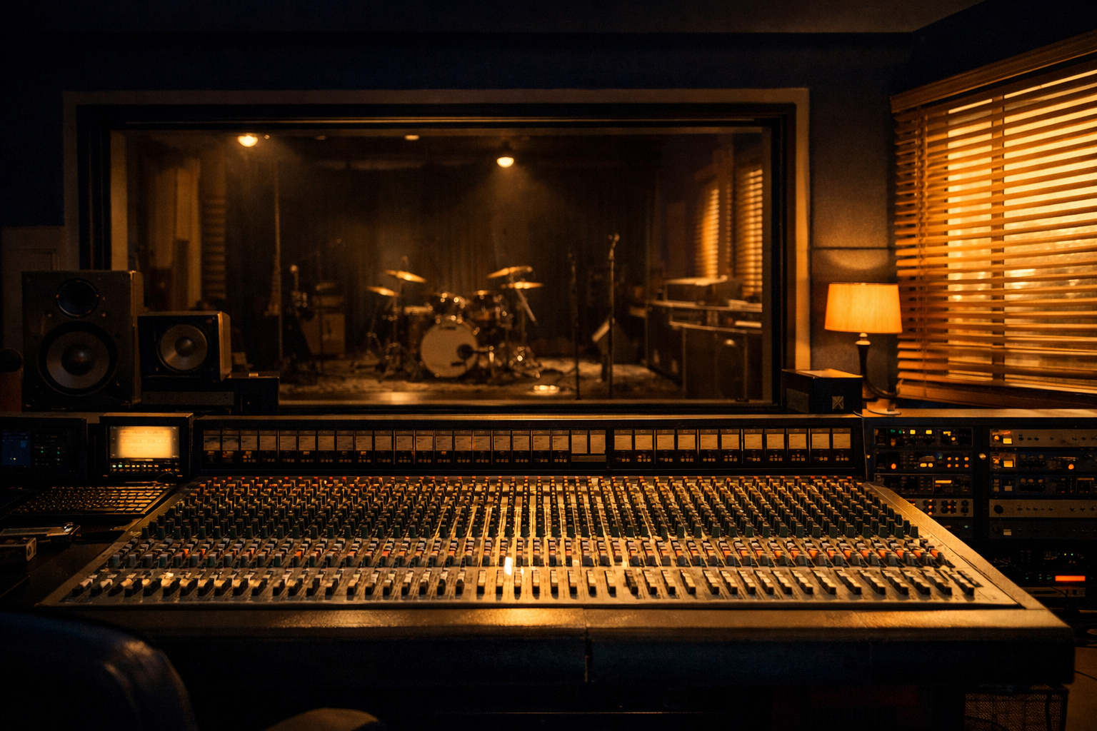 Empty recording studio control room with mixing board and glass window to live room, bathed in golden-hour light.