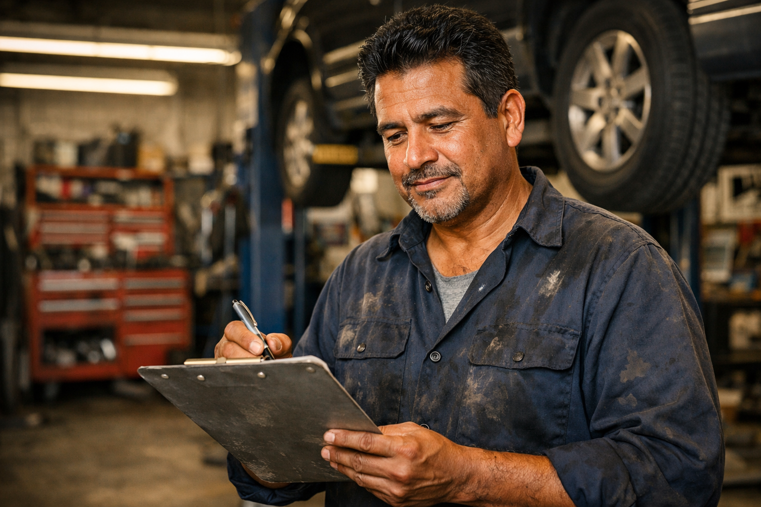 A 49-year-old Latino auto shop owner reviews a service order on a clipboard in a repair shop bay.