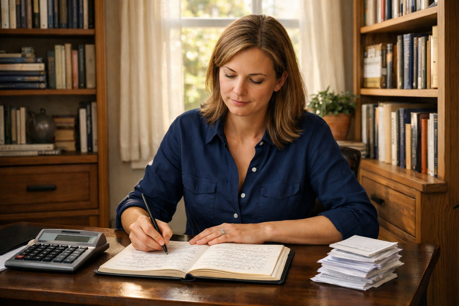 A 38-year-old white woman writes handwritten notes in a bright home office with bookshelves and a south-facing window.
