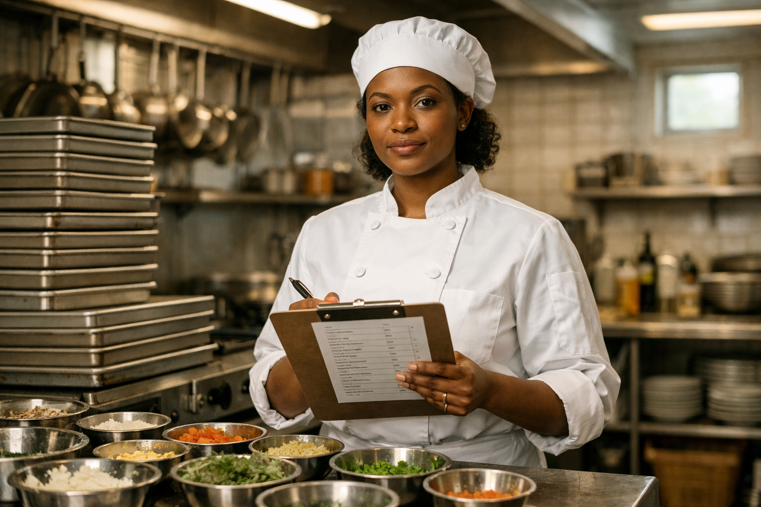 A 36-year-old Black sous chef reviews a printed prep list on a clipboard in a restaurant kitchen during morning prep.