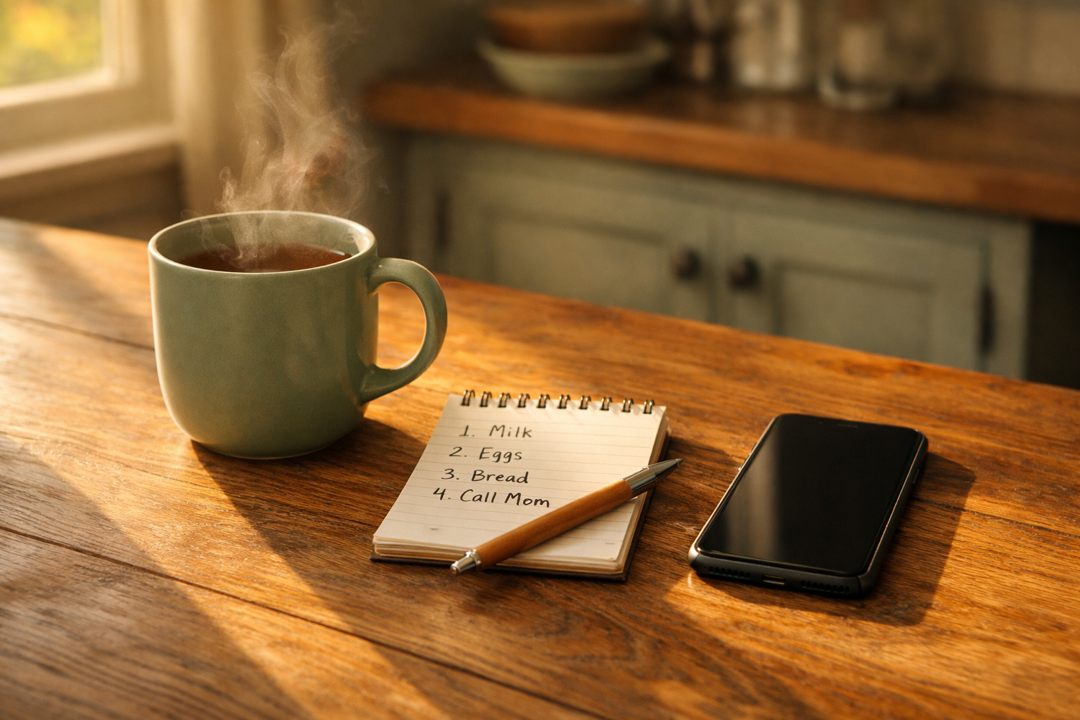 A kitchen table holds a mug of tea, a handwritten notepad, and a dark-screened phone in warm late-afternoon light.