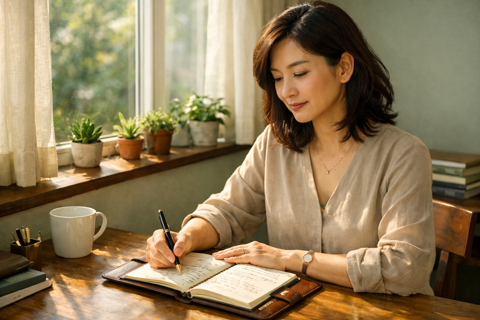 A 47-year-old East Asian woman writes in a leather planner at a sunlit desk lined with plants.