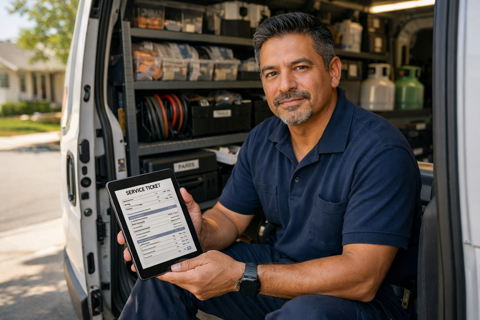Latino HVAC technician in his 40s reviews a service ticket on a tablet inside an organized service van.