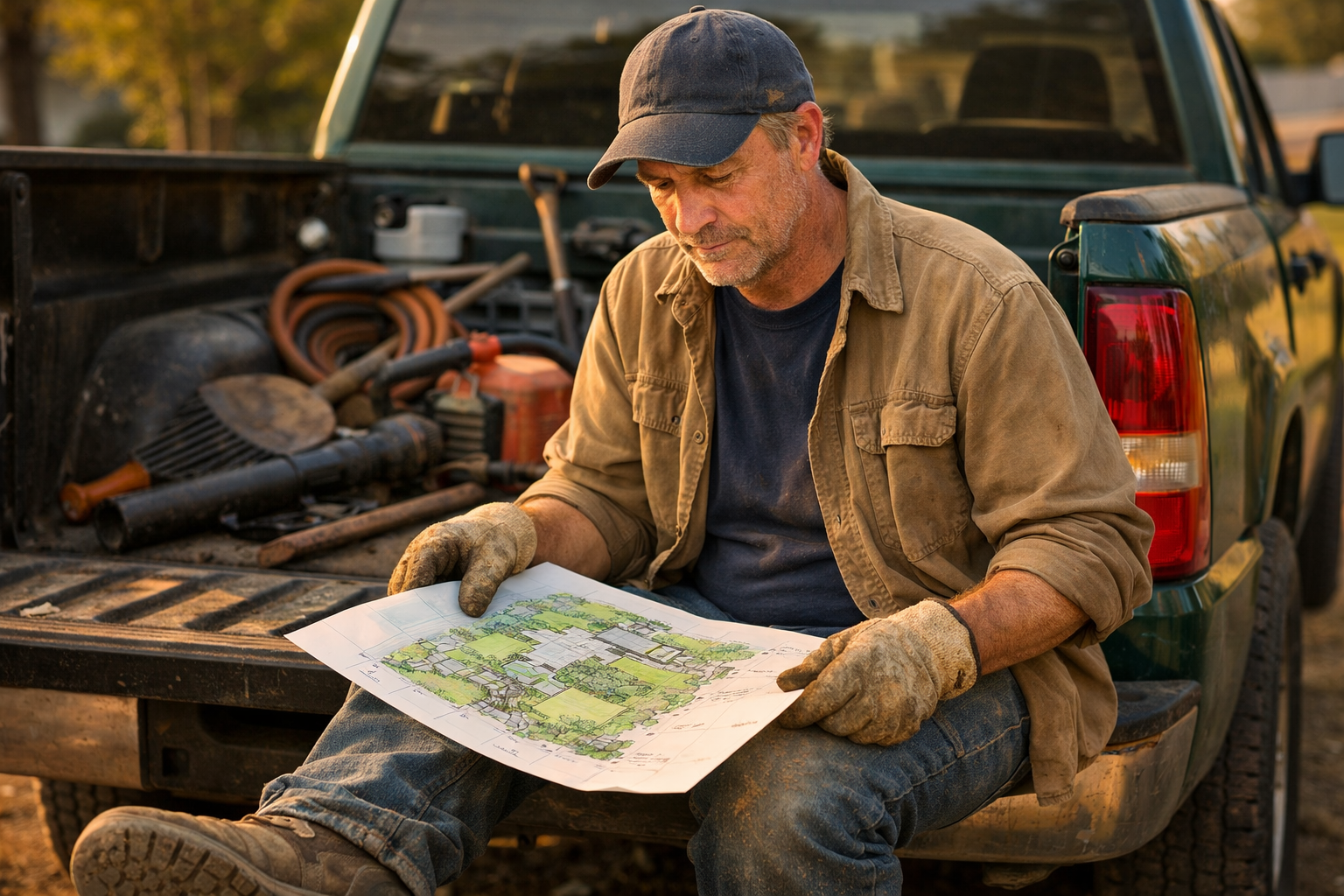 54-year-old white landscaping crew lead sitting on truck tailgate in sunlight, reviewing a hand-drawn yard layout sketch.