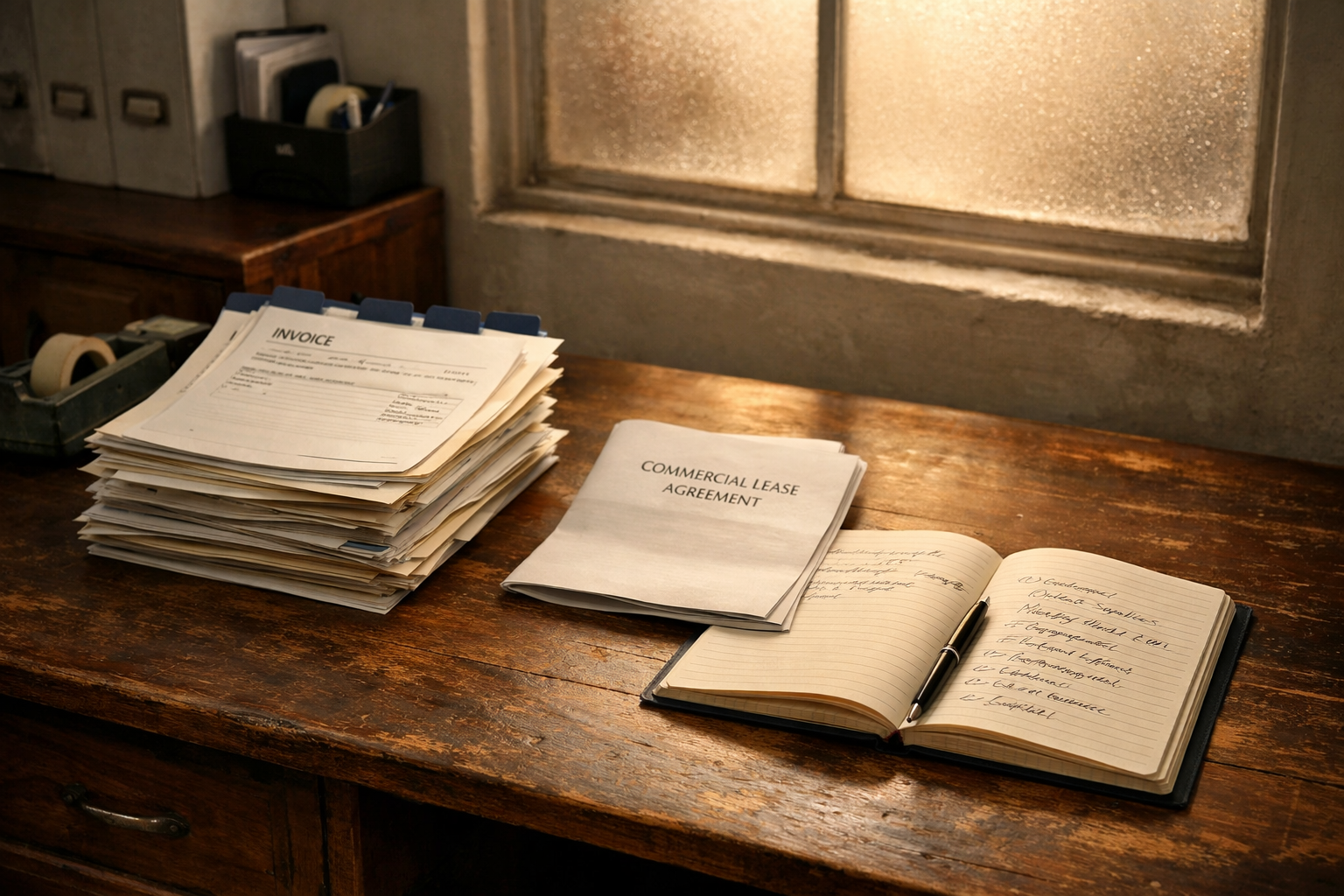 Small business desk with stacked invoices, a folded lease document, and an open handwritten notebook in warm afternoon light.