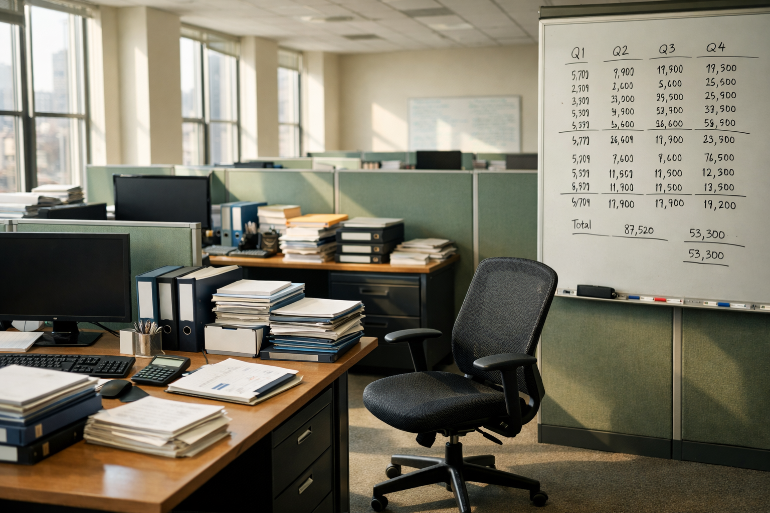 Accounting firm open-plan office with paper binders, handwritten whiteboard figures, and empty rolling chair in midday light.