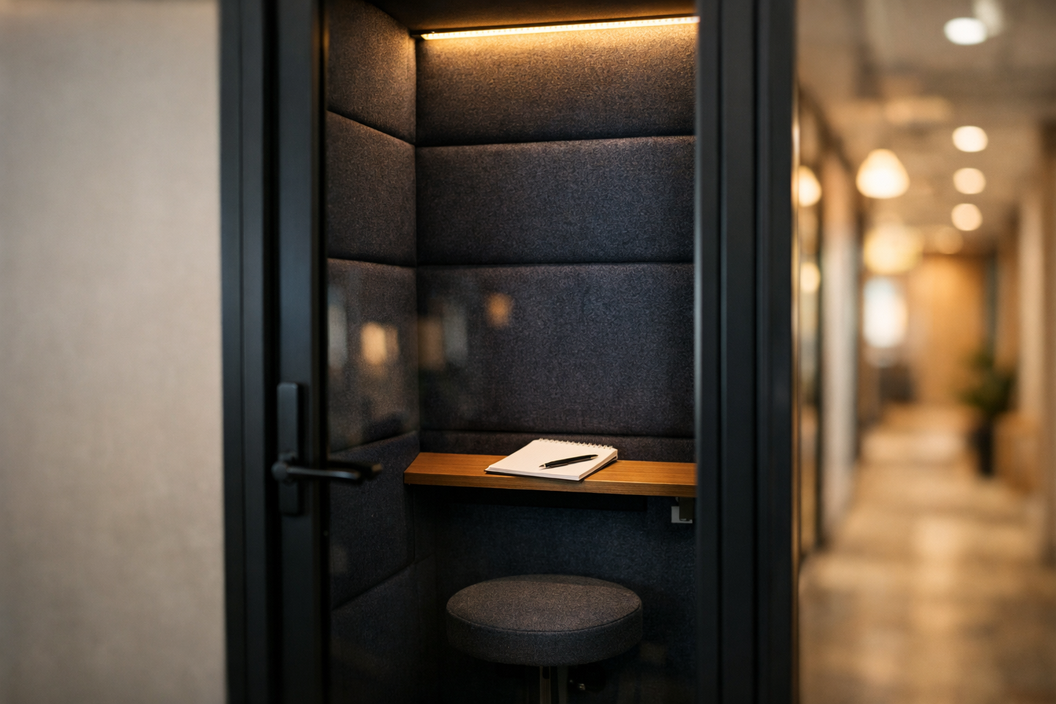 Glass-walled acoustic office booth with padded navy interior, notepad on shelf, and warm LED lighting in an office corridor.