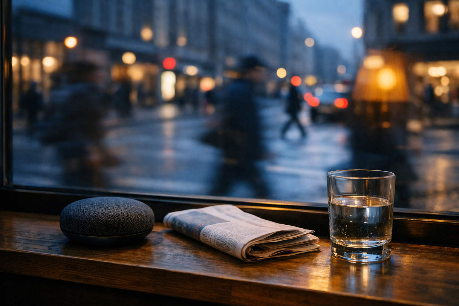 Smart speaker and folded newspaper on a café windowsill, city street blurred in blue-grey dusk beyond the glass.