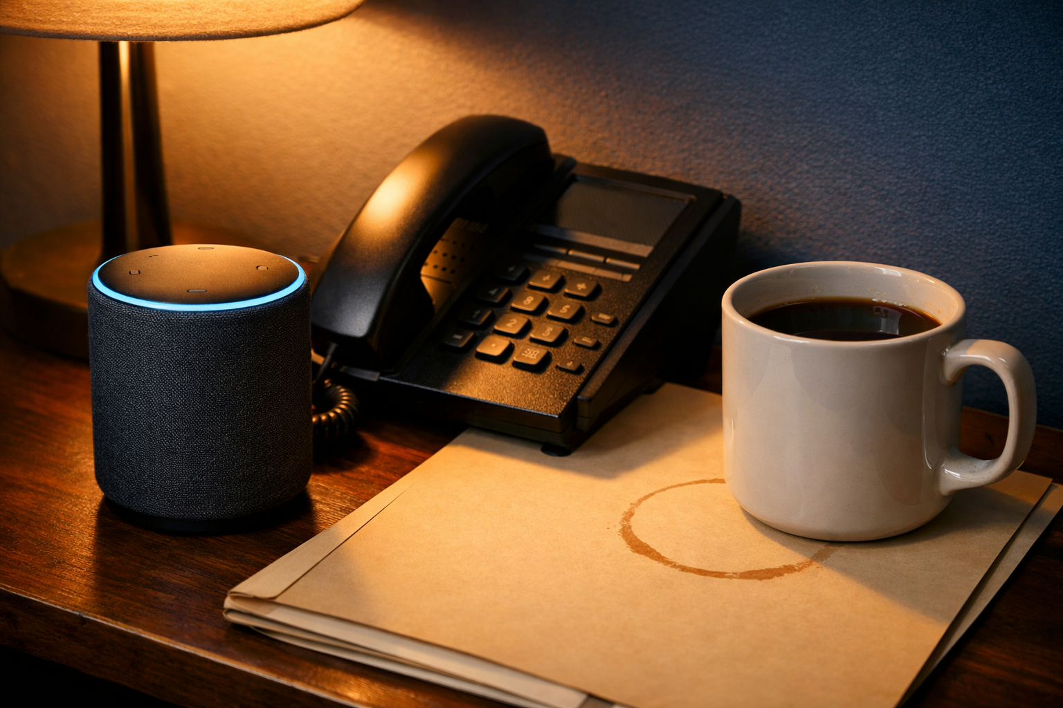 Desk corner with voice speaker, phone handset, and coffee mug on manila folder under amber lamp light.