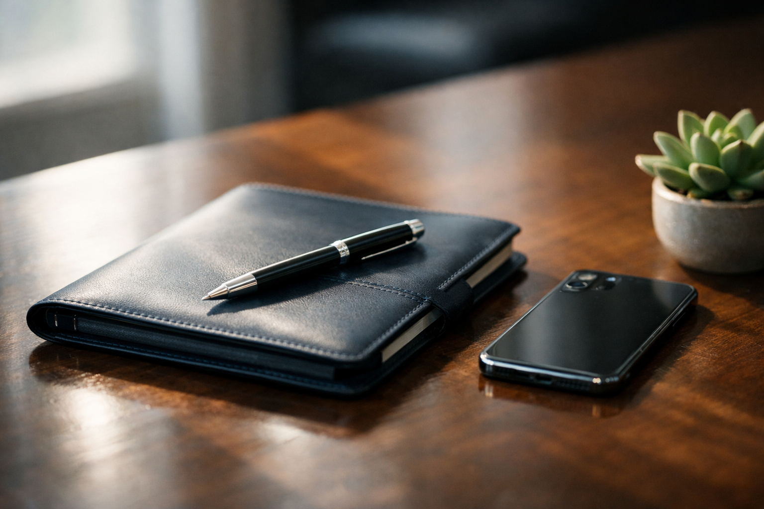 Leather portfolio notebook, pen, and face-down smartphone on a conference table in soft natural window light.