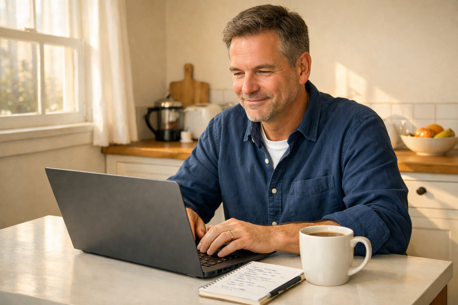 Man at a kitchen table reading a laptop screen with a notepad and coffee mug, engaged and satisfied expression.