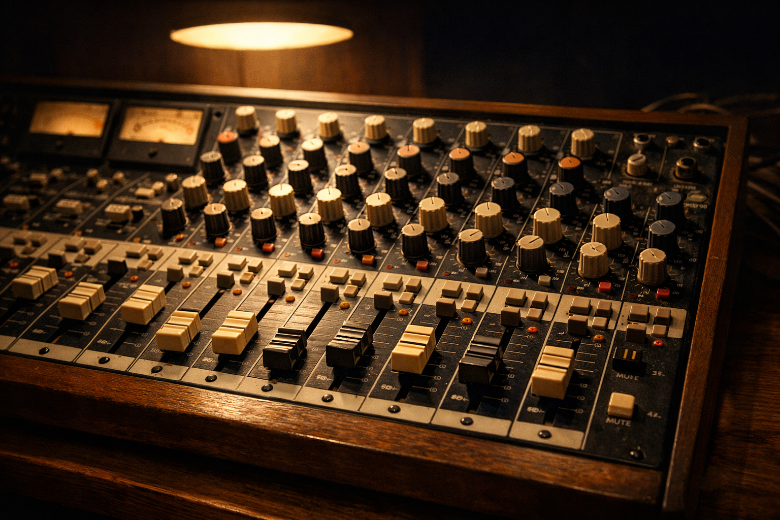 Rows of sliding faders and rotary knobs on a vintage analog mixing board under warm studio lighting.