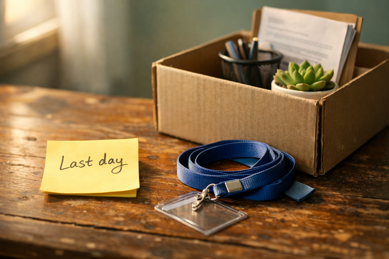 Close-up of a cardboard packing box on a desk with a lanyard, sticky note, and small plant.
