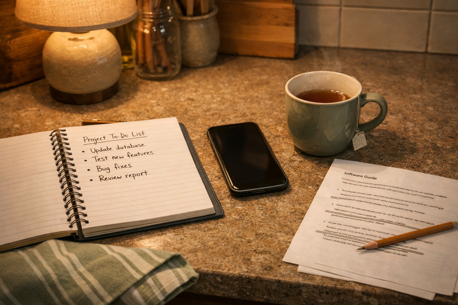 Kitchen counter at evening with a notebook, pen, smartphone, printed guide, and tea mug under warm lamp light.