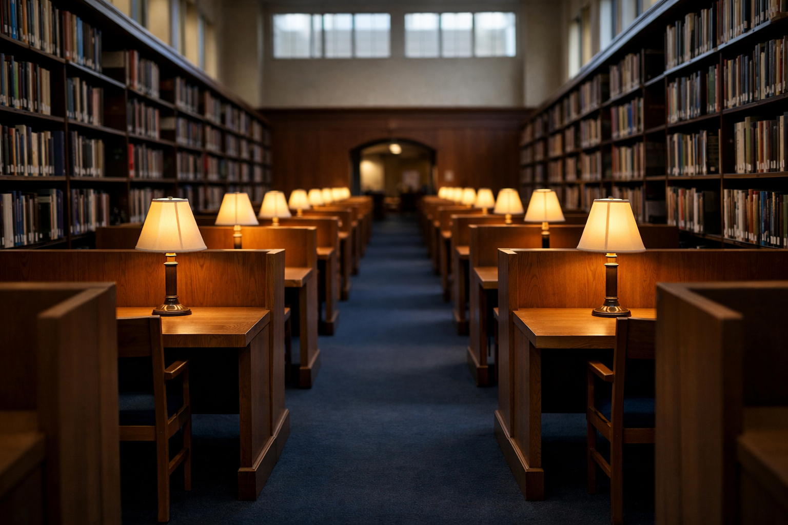 Long empty reading room aisle in a university library with warm desk lamps and towering bookshelves.