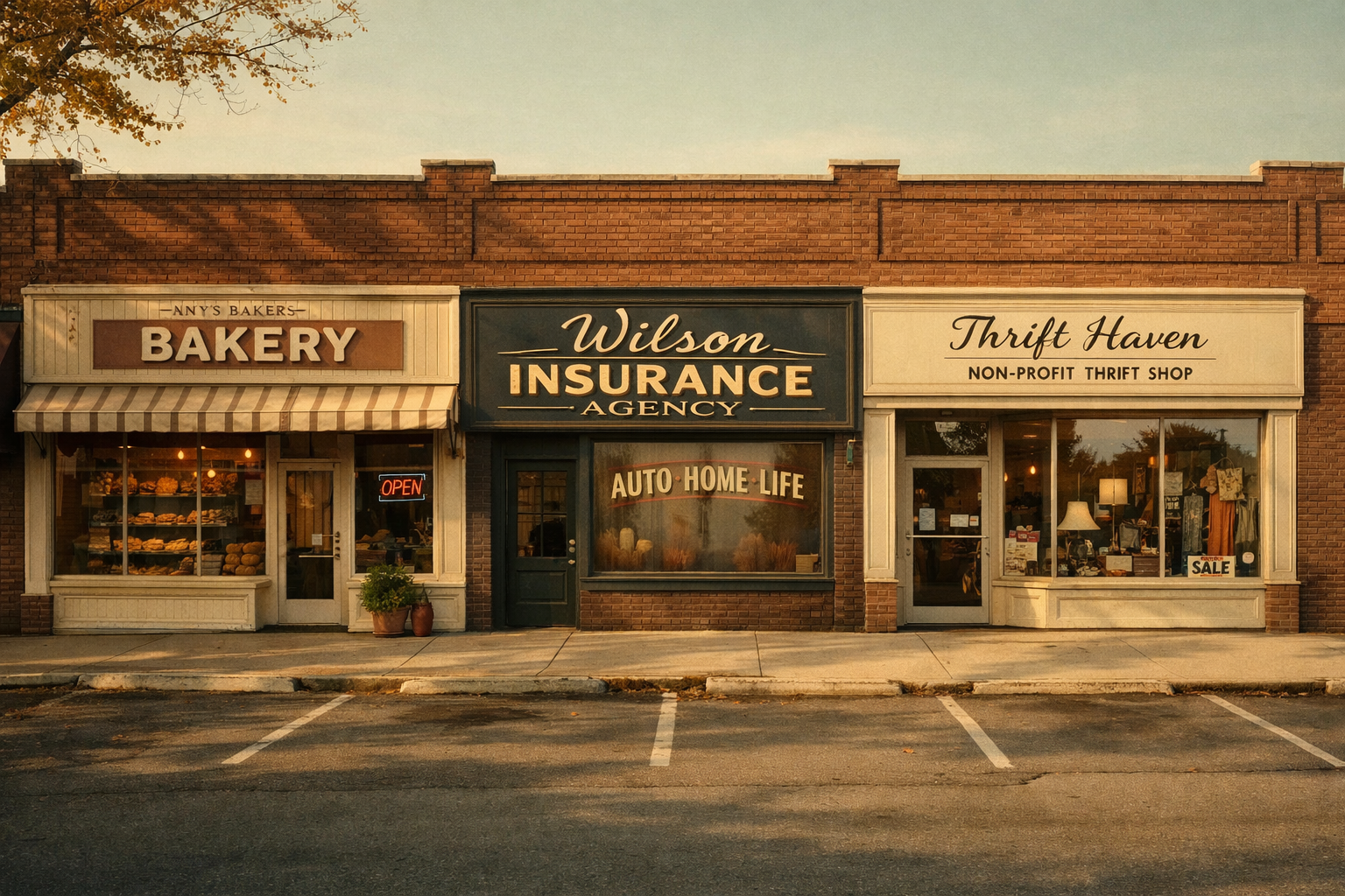 Small-town main street with a bakery, insurance agency, and thrift shop under warm autumn morning light.