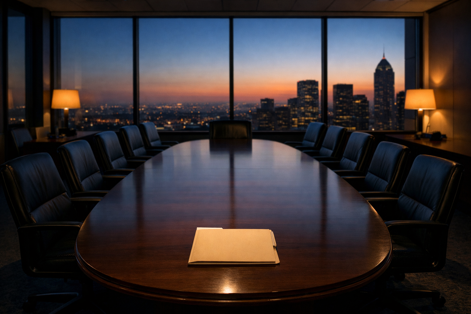 Empty boardroom at dusk with city twilight through floor-to-ceiling windows and a folder at the head of the table.