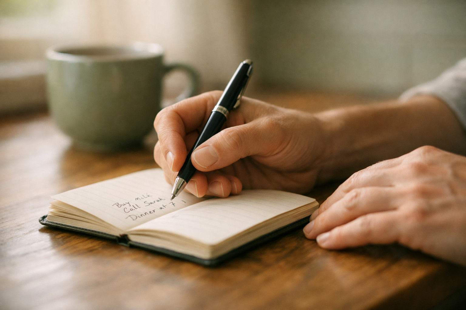 Hands holding pen over open notebook on a wooden counter with a blurred coffee mug nearby.