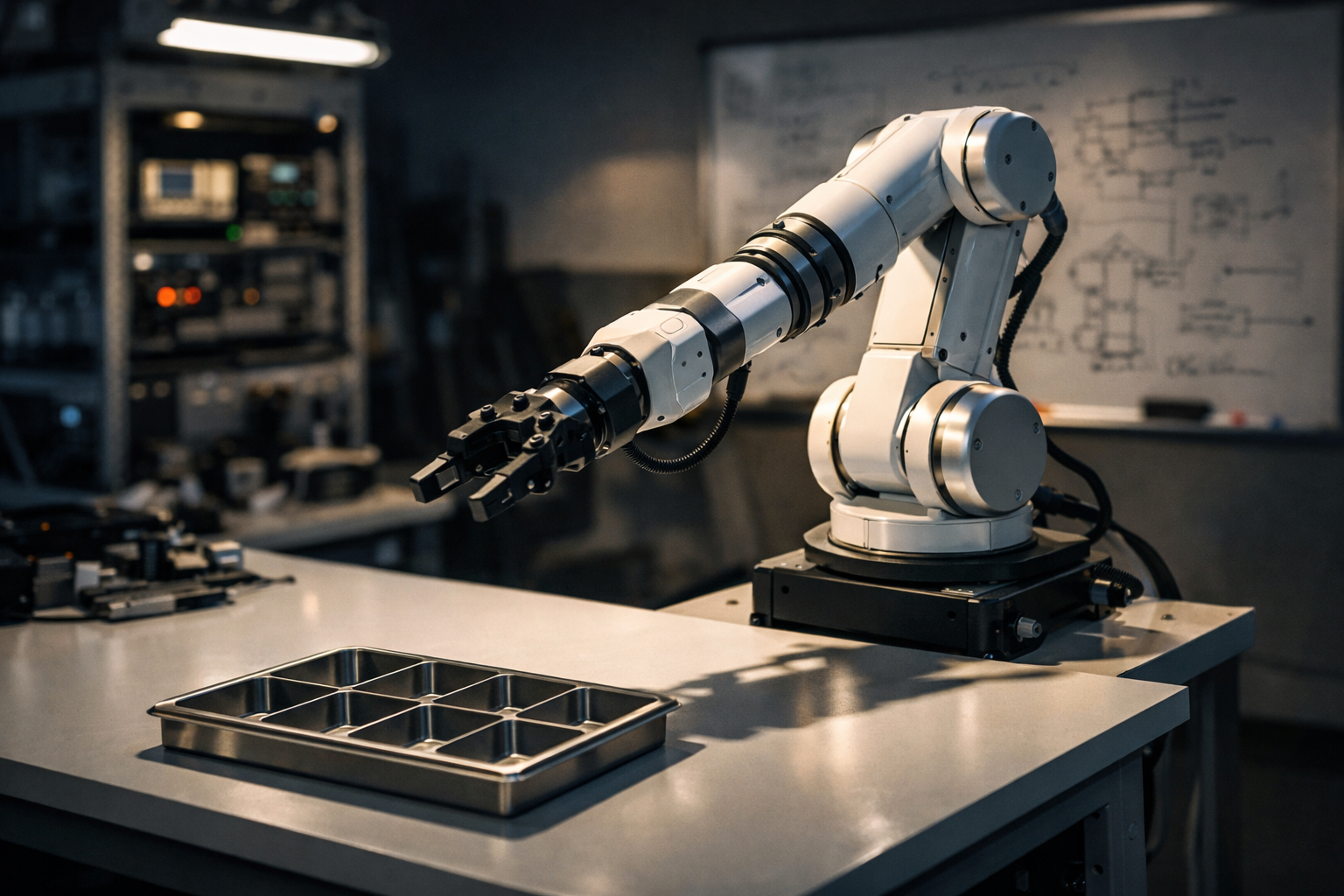 Articulated robotic arm extended over a white workbench in a robotics lab.