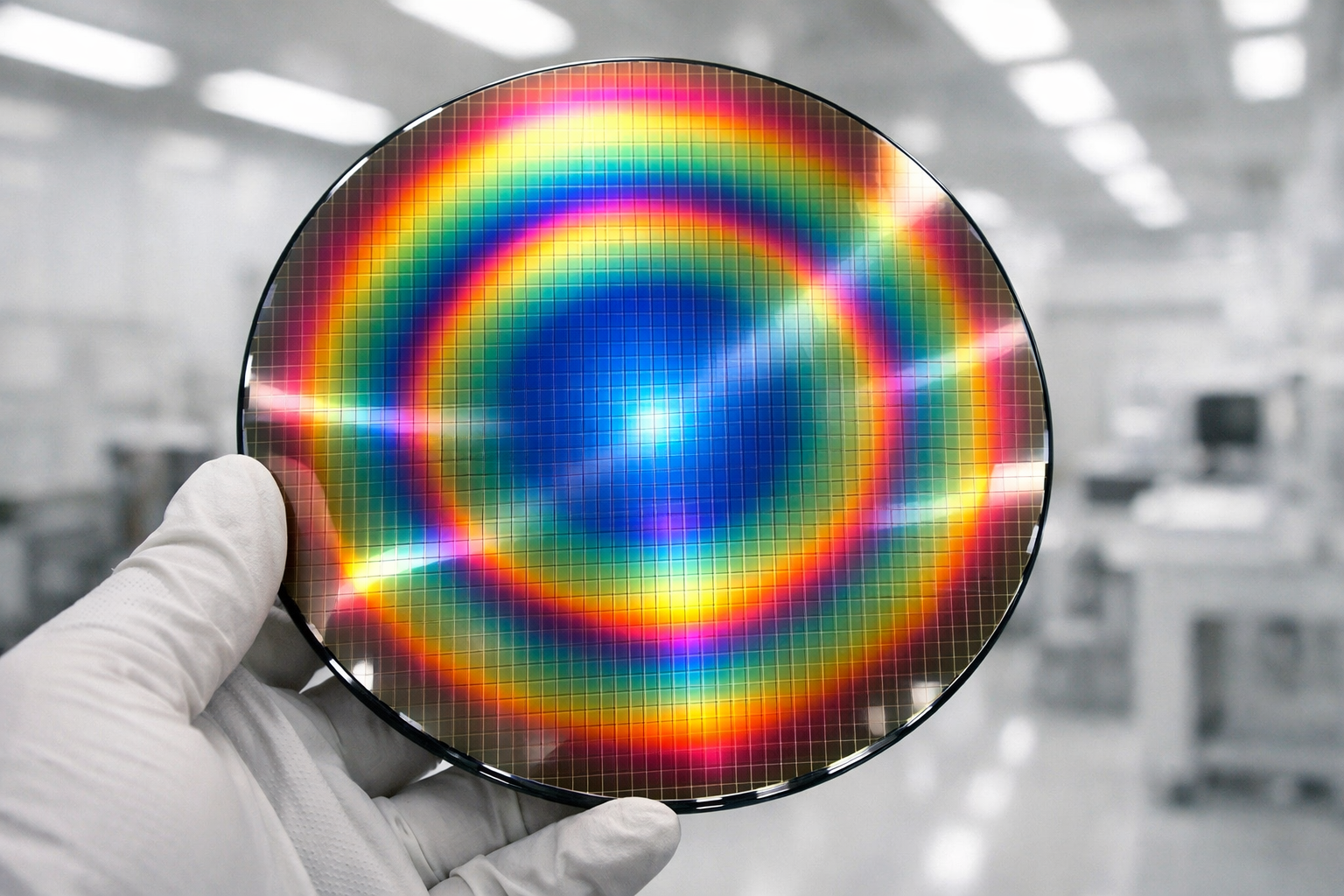 Gloved hand holding an iridescent semiconductor wafer under bright cleanroom lighting.