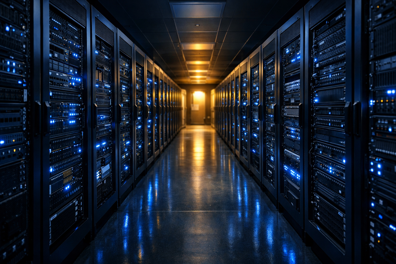 Server aisle with blue LED indicator lights and warm overhead glow at the far end.
