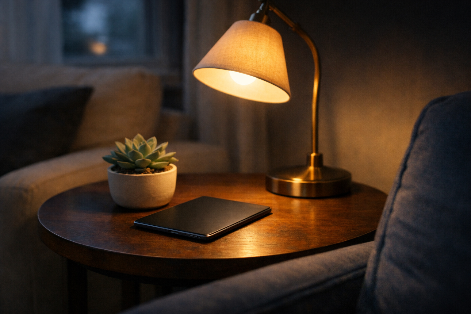 Closed tablet on a round side table beside a succulent and glowing reading lamp in a quiet living room.