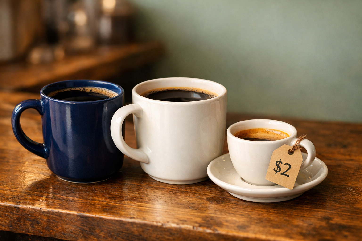 Three ceramic mugs on a café counter, two plain and one with a small price tag, lit by warm morning light.