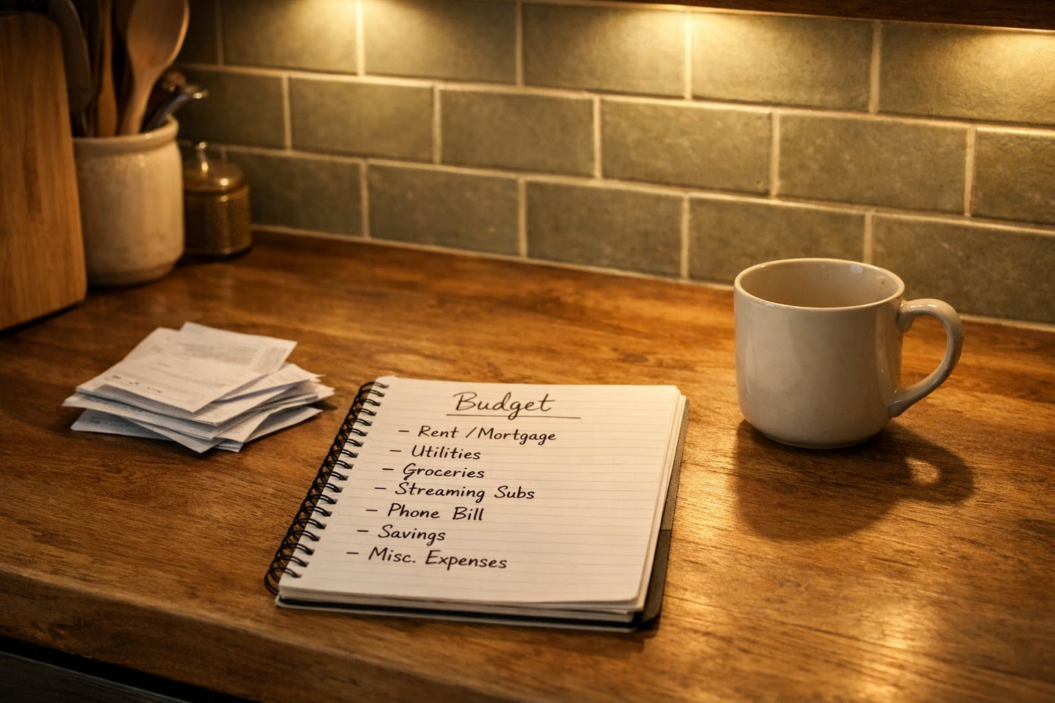 Kitchen counter at evening with folded subscription receipts and an open handwritten budget notebook beside an empty mug.