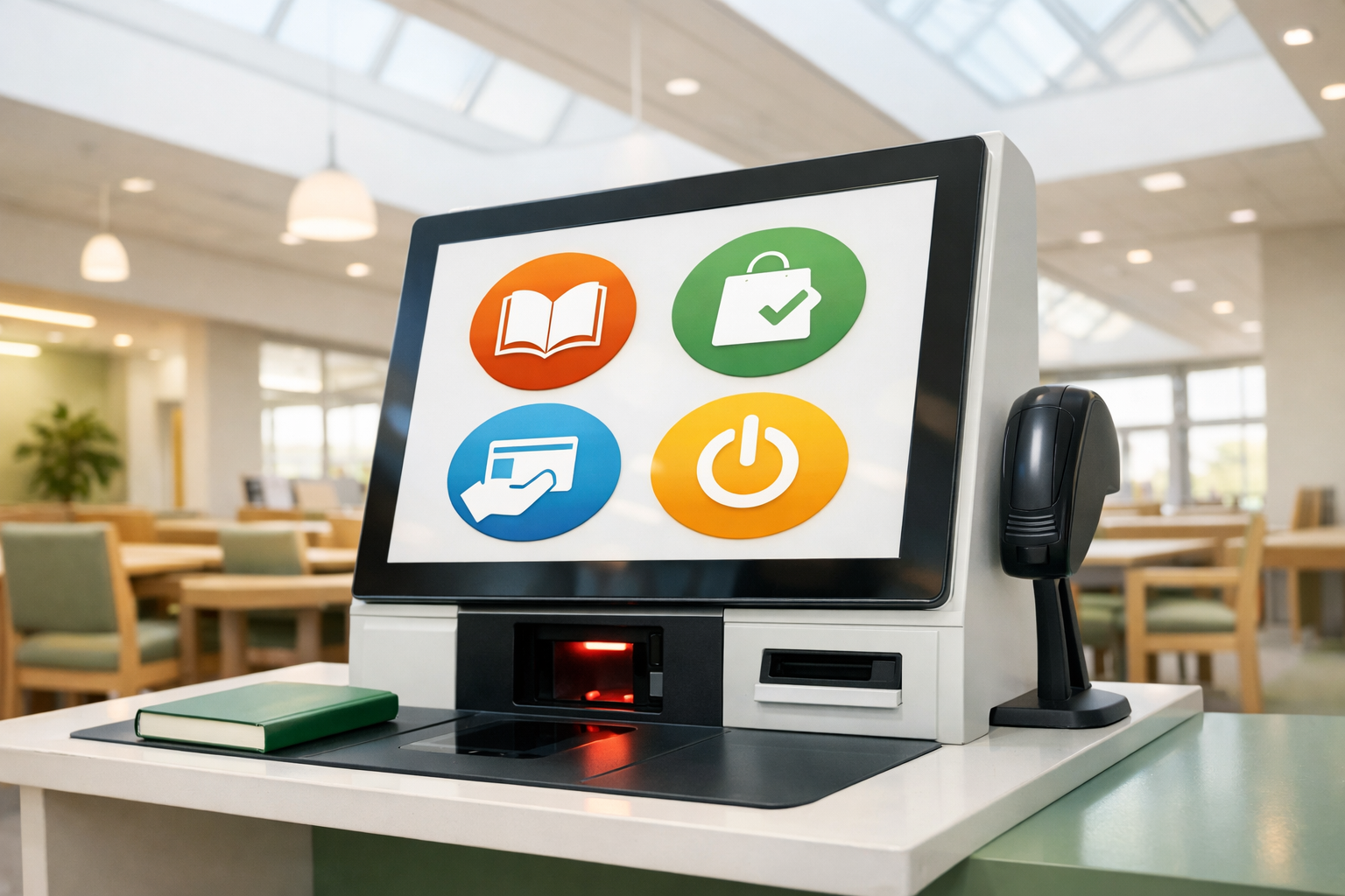 Library self-checkout kiosk with a large-icon touchscreen interface under skylight, empty chairs in soft background.