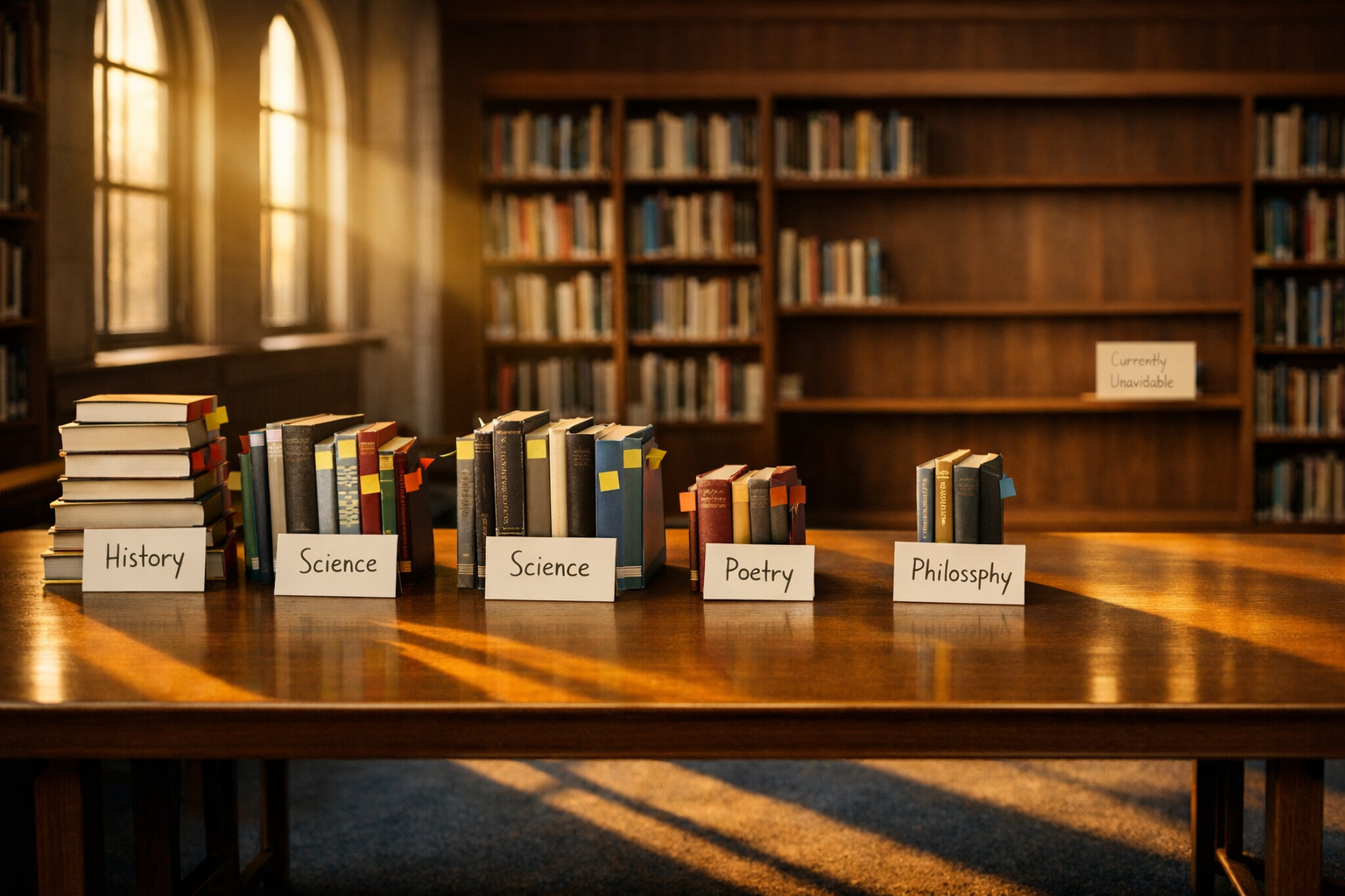 Wide library table with books grouped in labeled clusters under warm afternoon window light, one sparse section visible.