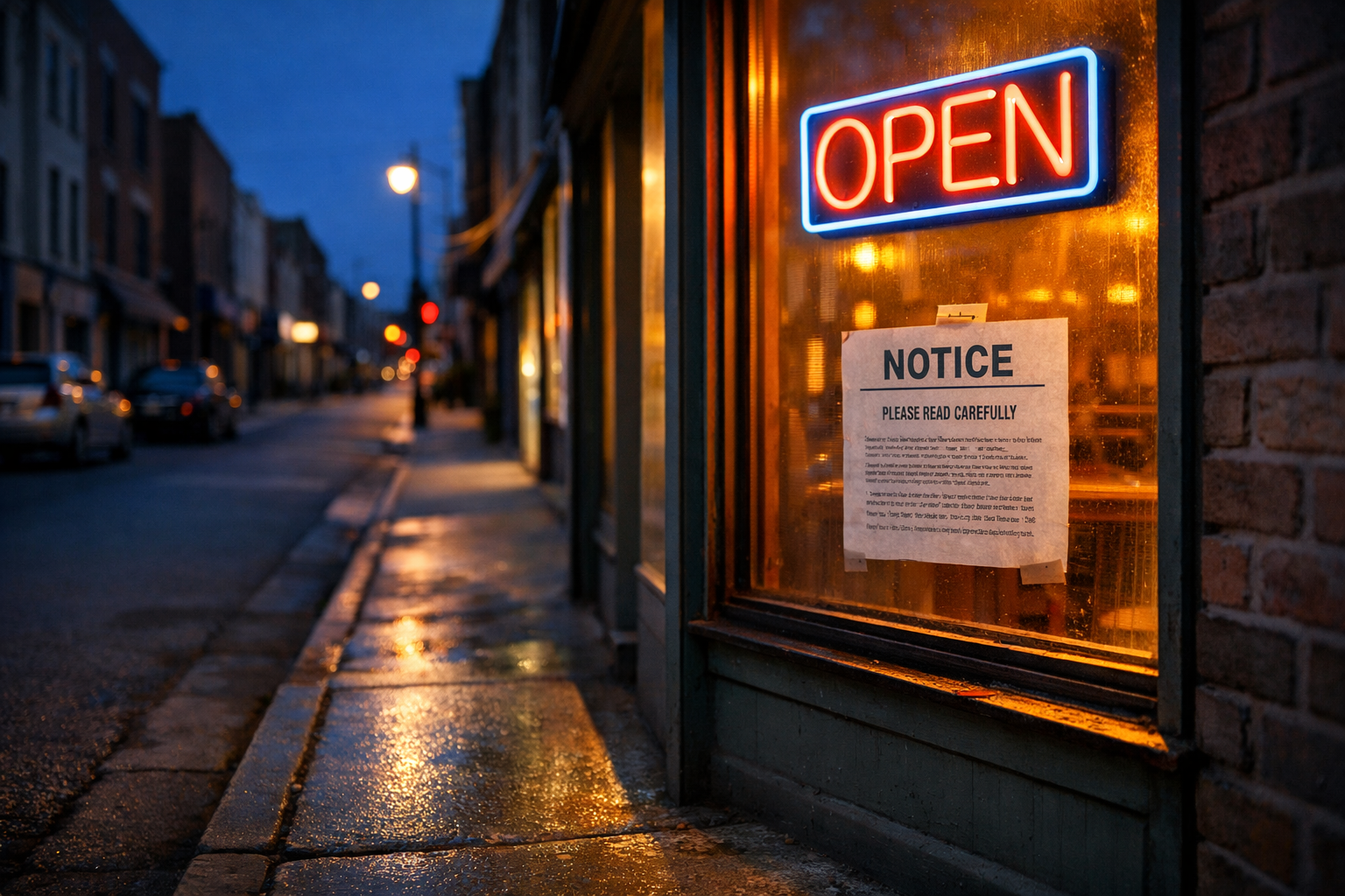 Shopfront at dusk with a neon OPEN sign and fine-print notice taped to the glass, warm amber light against blue-hour sky.