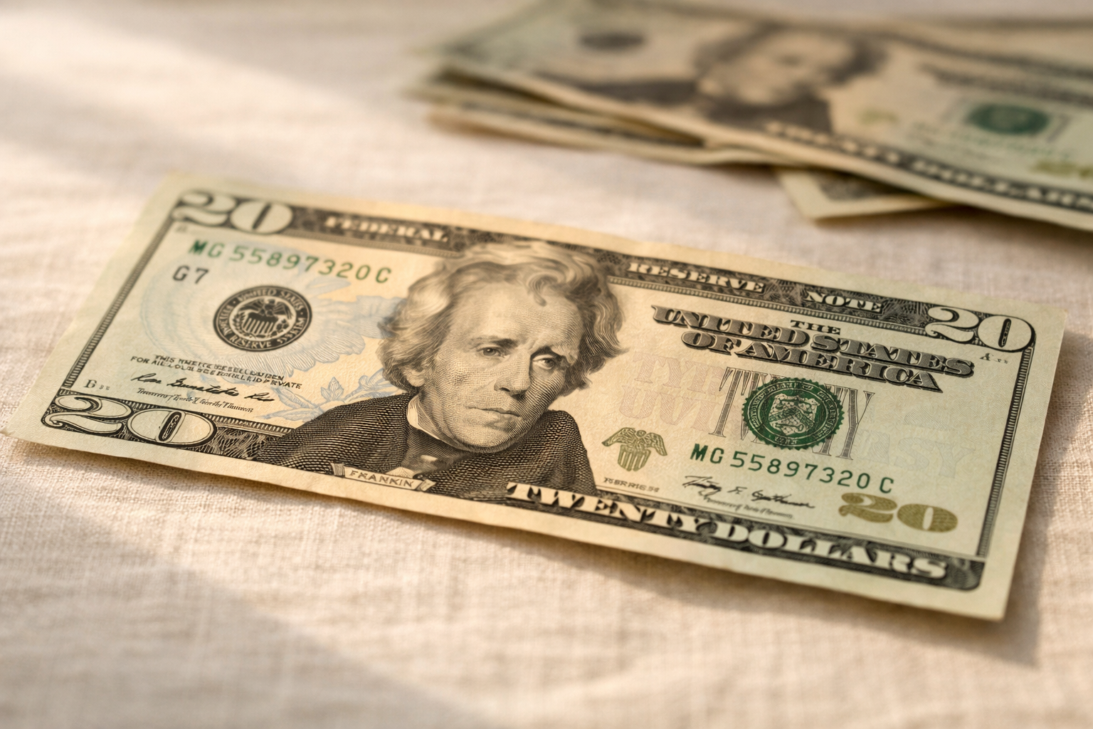 A crisp twenty-dollar bill flat on linen, sharply lit from the side with out-of-focus bills softly behind it.